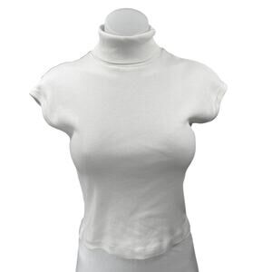 Zara Women's White Rib Knit Short Cap Sleeve Turtleneck Crop Sweater Top Size M